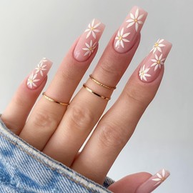 White Flower False Nails Set, 24Pcs Elegant French Square Stick on Nail, Removable Pink False Nails with Glue, Full Coverage Small Daisy Fake Nails for Women Acrylic Nail Art DIY