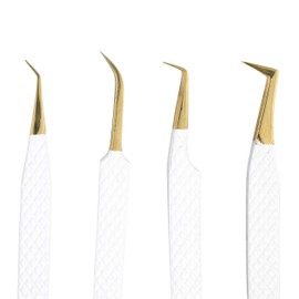 M LASH Eyelash Extension Tweezers (Set of 4) - Professional & Precision Lash Tweezers for Eyelash Extensions - Japanese Steel, Diamond Grip, Fiber Tip for Stunning Results (White)