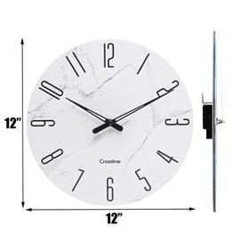 Crosstime Wall Clock White Marble Theme Modern Decorative Waterproof Glass Clock for Bathroom Kitchen Home, 12 Inch Battery Operated