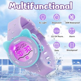 Ayybboo Kids Watch,Toddler Digital Watch with 7 Color Lights & Kitten Design,Waterproof Children's Watches for Girls/Boys 4-12 Years Old (Purple)