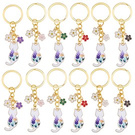 SUPERFINDINGS 12Pcs 6Color Alloy Charm Keychains with Cute Cat Enamel Pendants Keychains Flower Pattern Car Keys Bag Keychain Mixed Color Camera Charms Keyrings for Cats Lovers Gift, 7.7cm