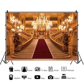 Gold Luxurious Palace Backdrop Old Church European Castle Golden Vintage Church Chandelier Staircase Red Carpet Girls Lover Wedding Ceremony Birthday Photography Background Photo Booth7x5ft