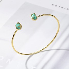 Lauren-Spencer Open Cuff Bracelet for Women Silver Gold Plated Gemstone Charm Cat Eye Stone Rose Quartz Bracelet Adjustable Stackable Bangle Bracelets for Women Jewelry Gift (Gold-Created Turquoise)