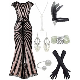 WACUDON Women's 1920s Sequins V Neck Flapper Gatsby Cocktail Dress with 20s Headband Accessories Set