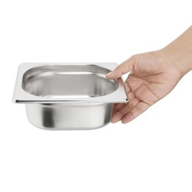 Vogue Stainless Steel 1/6 Gastronorm Tray 65 mm Deep / Capacity: 1 Litre, Silver, Size: 162(H) x 176(W) x 65(D)mm, Stackable, Food Safe Steel GN Pan, Lid Sold Separately, K985