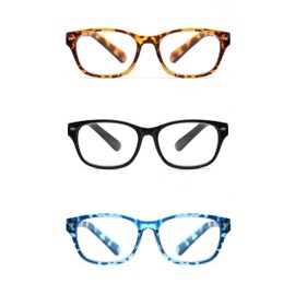 EYE ZOOM 3 Pack Retro Readers Plastic Vintage Style Reading Glasses for Men and Women, Amber, Black and Blue +3.00