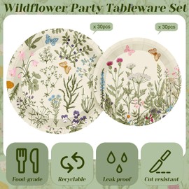Pickmesh 60 Pcs Wildflower Paper Plates 9 in and 7 in Disposable Floral Dinner Plates Watercolor Spring Flower Dessert Party Dinnerware for Tea Party Birthday Baby Shower Bridal Shower(Retro)