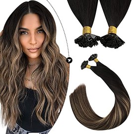 Ugeat 14 Inch Flat Tip Human Hair Extensions Balayage Off Black with Brown and Strawberry Blonde Hair Extensions Pre Bonded Flat Tip Remy Human Hair 50Strands 50G Keratin Tip Hair Extensions #1B/4/27