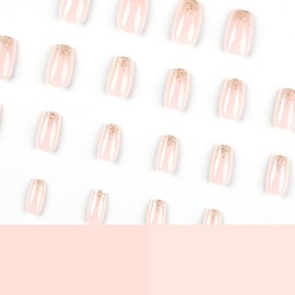 MGR Press on Nails Medium Fake Nails Bling Nude Pink Square Acrylic Nails for Women and Girls 24PCS