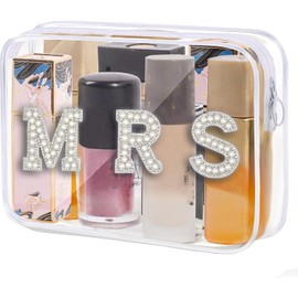 Bride Clear Makeup Bag Cosmetic Bag Waterproof Bride Toiletry Bag Mrs Pearl Rhinestone Patch Letter Bags Makeup Pouch Travel Case Storage Bag for Bridal Shower Wedding (Clear, Bride Mrs Makeup Bag)