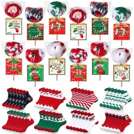 Blosssound 24 Sets Christmas Socks Gifts Crafts for Women Red Green Lollisocks with Cards Tags Stickers Plastic Bags Winter Warm Fuzzy Crew Slipper Socks for Xmas Bag Filler Stuffers Party Favors
