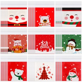 FEBSNOW 450 PCS Christmas Self-adhesive Candy Cellophane Bags Treat Cookie Bags for Christmas Holiday Party Favor Gift Decoration Supplies (9 Patterns)