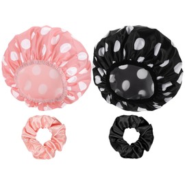 WSICSE 2 Packs Large Shower Caps for Women, Waterproof Shower Cap Double Layers Bath Caps with Hair Scrunchies for Long Thick Hair