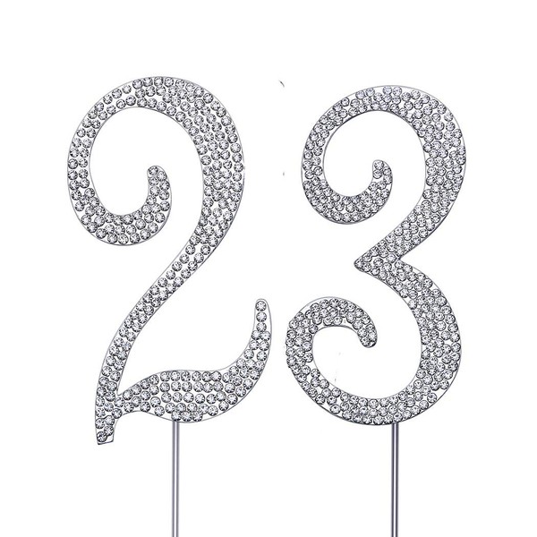 MAGJUCHE Decoración para Tarta de Cristal Plateada de 23 Pulgadas, número 23, Diamantes de imitación, decoración para Tarta de 23 cumpleaños, cumpleaños para Hombres o Mujeres o Suministro