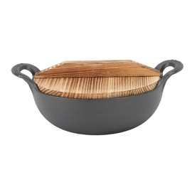 TOPINCN Cast Iron Wok Pan, 14.2in Large Stir Fry Pan, Flat Bottom Wok with Wooden Lid and Handle, Uncoated Cooking Wok, for All Cooktops (25cm)