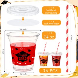 Qinyoung 36 Pcs 14 oz Graduation Plastic Cups with Lids Straws and Liners Class of 2025 Plastic Party Cups Bulk Disposable Graduation Decorations for College School Party Supplies (Red,Black)