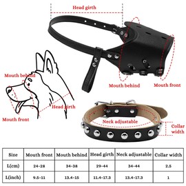 PANTIDE Dog Muzzle Collar Set-Durable Leather Mouth Cover and Adjustable Matching Collar for Large Dog Allow Panting Drinking Breathable Muzzle with Anti-Breakaway Loop Prevent Bite Bark(Black,L)