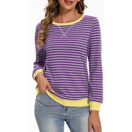 Neineiwu Oversize Pullover Women's Striped Long Sleeve Autumn Crew Neck Sweatshirt Y2K Tops, Purple stripes