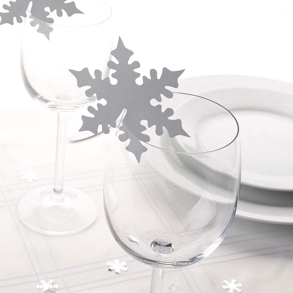 Neviti Shimmering Snowflake-Place Card for Glass-Silver, Wood, 7.5 x 0.1 x 8.5 cm