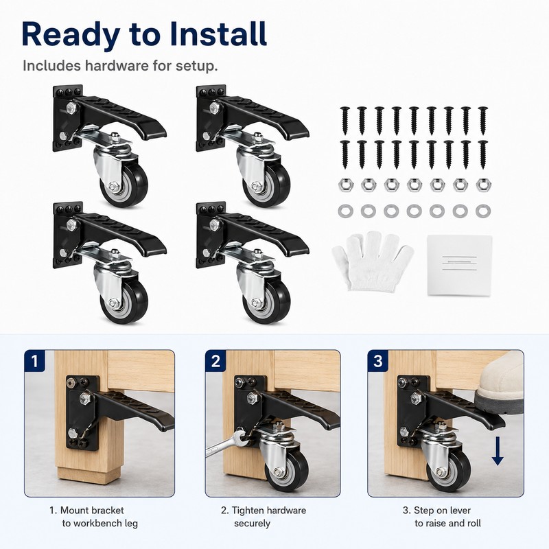 Set of 4 Retractable Workbench Casters – 2.5" 360° Swivel