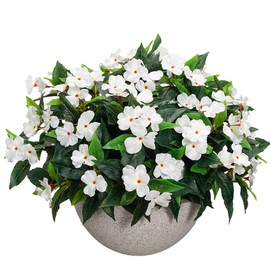Uqueeten15.7” Spring Decorations For Home Fake Plants Fake Flowers White Flowers Artificial Impatiens Bouquet Flowers For Outdoors Silk Faux Flowers Impatiens Plants Decor Indoor Planters (White) 8pcs