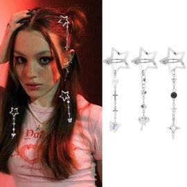 FRESHME Star Snap Hair Clips - 3 PCS 2000s Sliver Barrettes Non Slip Metal Star Hairclips with Tassel Cute Hair Pins Wedding Prom Goth Punk Hair Styling Accessories for Women