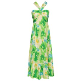 2024 Summer Women's Criss Cross Halterneck Sleeveless Floral Print Flowy A Line Maxi Dress Green Viola XL