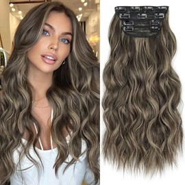 Clip in Long Wavy Synthetic Hair Extension 24 Inch 4PCS 220g Thick Hairpieces Fiber Double Weft Hair for Women (Dark Brown Mixed Blonde 24")