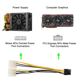 J&D 8 Pin PCIe to 2 x 4 Pin LP4 Molex Power Cable Adapter (2 Pack), 6 inch / 15 cm, Black