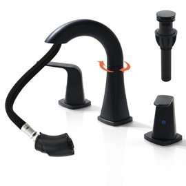 BRAVEBAR Pull Down Bathroom Faucet Black- Matte Black Sink Faucet with Sprayer, Bathroom Pull Out Faucets, 2-Handles Widespread Vanity Faucets 3 Hole 8 Inch 360 Swivel Spout with Pop-up Drain & Lines