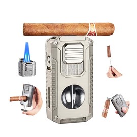 Cigar Lighter Triple Jet Flame Refillable Butane Torch Lighter with V Cutter Cigar Holder, Cigar Punch and Cigar Draw Enhancer for Smoking,Cigar Gift for Men (Gray)