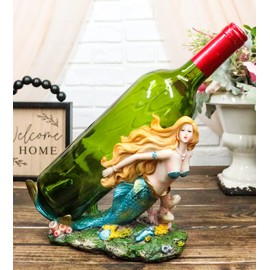 Ebros Nautical Coastal Beach Colorful Blonde Mermaid with Shimmering Blue Tail Swimming by Corals Wine Holder Display Figurine Resin Sea Siren Kitchen Decor Party Centerpiece Ocean Reef Nymph Statue