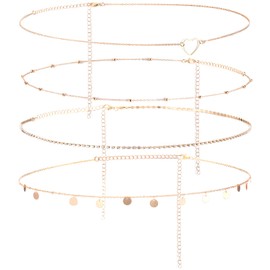 HJZHII Pack of 4 Belly Chain, Silver, Belly Chain, Adjustable Belly Chain, Body Chain, Waist Beads, Body Chains, Waist Chain, Belly Waist Chain Set for Women, Girls, Bikini Tassel, metal, No