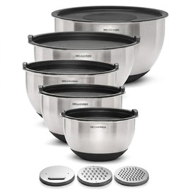 Belwares Mixing Bowls with Lids Set of 5 - Stainless Steel Mixing Bowl Set, Nesting Metal Bowls with Non Slip Bottoms + 3 Grater Attachments, Airtight Lids for Baking, Food Prep + Storage, Black