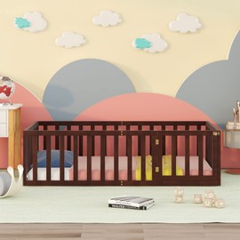 Bellemave Twin Floor Bed for Kids, Montessori Bed Frame with Fence-Shaped Guardrails & Door, Wooden Floor Twin Bed for Kids, Toddler, Boys Girls(Walnut, Twin Size)