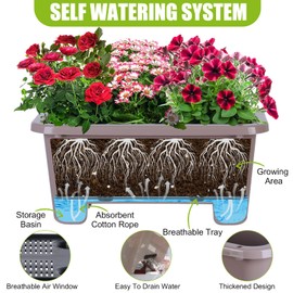 Self-Watering Rectangle Planter Boxes 8-Pack, 15.7-Inch Window Box Planter with Drainage Holes & Trays, Pots for Vegetables, Herbs, Flowers, Garden Windowsill Balcony (Coffee, 15.7*8.3*7.1 inch)