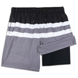QRANSS Mens Swimming Trunks with Compression Liner 9'' Striped Swim Shorts Quick Dry Swimwear Boardshorts with Phone Pockets