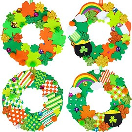 12 Sets St. Patrick's Day Shamrock Wreath Sign Decorations Foam St. Patrick's Day Craft Kits Lucky Shamrock Four-Leaf Clover Rainbow Foam Stickers for Kids Party Favors Classroom Activity Art Project