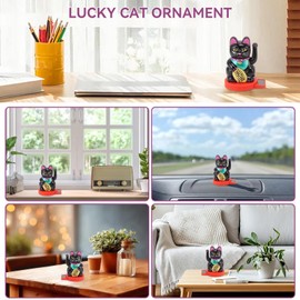 Cyrank Lucky Cat Waving Arm, Solar Powered Waving Cat Japanese Maneki Neko Solar Fortune Cat with Waving Hand Paw up for Feng Shui Welcoming Beckoning Cat Statue Decoration(Black)