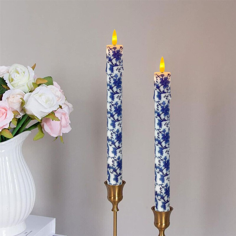 Chinoiserie LED Candles Remote Candlesticks-10inches Blue and White Battery Operated