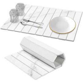 DomiViStar Large Collapsible Stone Dish Drying Mat, 24"×16",Heat-resistant Mat for Kitchen Counter,Instant Drying,Fast Dry Pad for Utensils,Pots and Bottles,Diatomaceous Earth Mats, White Marble