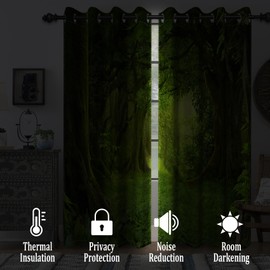Renaiss Green Forest Blackout Curtains for Bedroom Tropical Rainforest Jungle Window Curtain Fantasy Nature Scenery Window Drapes for Living Room Decor Darkening Curtains 2 Panels Set, 42x63 Inch