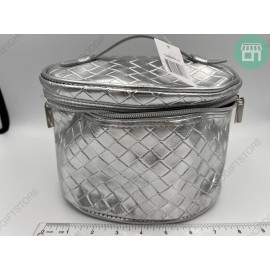 Bloomingdale's Makeup Bag Train Case 8.5"x6.5" Silver Faux Leather Cosmetic PIC.