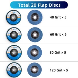 LotFancy 20PCS Flap Discs 4 1/2 for Angle Grinder, Premium Zirconia 40 60 80 120 Grit Sanding Disc, Type 27, 4.5" x 7/8” Grinding Wheels Welding Tools for Metal, Stainless Steel