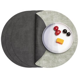 Myir JUN Round Placemats Dual Sided, Faux Leather Place Mats Set of 4 Indoor Outdoor Placemats for Dining Table Placemats Non-Slip Washable Table Mats Diameter 36 cm (Set of 4, Gray Grass Green)