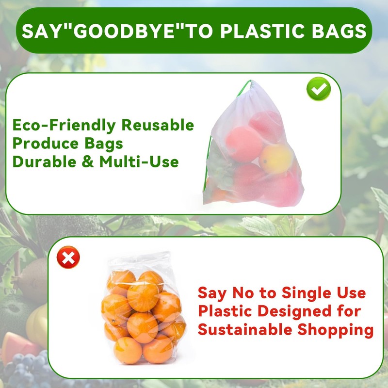 Rayakt 8-Pack Reusable Mesh Produce Bags - 30x35cm Eco-Friendly See-Through