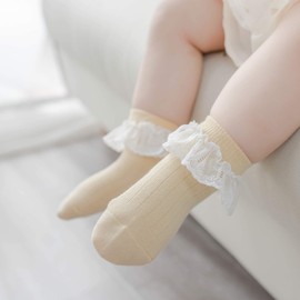 VINIKNIKA Infant Baby Girls Socks Newborn Lace Edge Knit Cotton Socks with Bows for Toddler Kids - - Large