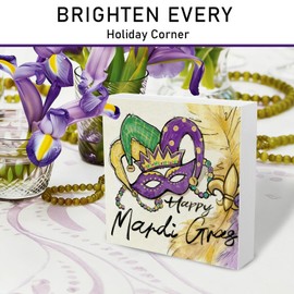 RTXLEZM Mardi Gras Decorations Wooden Sign,Mardi Gras Centerpieces for tables Decor,Happy Mardis Gras Decorations for Home Party Tiered Tray Shelf Bathroom Office Bedroom Wall Decor, 5x5 Inch