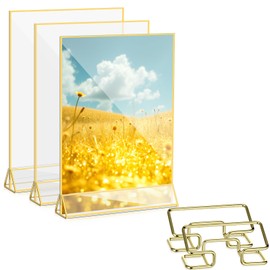 Otoolling 3 Pack 8.5 x 11 Inch Acrylic Sign Holders with 2 Business Card Holder Double Sided Clear Display Stand Gold Picture Frames for Table Numbers Menus Flyers Offices Weddings Party Supplies