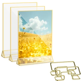 Otoolling 3 Pack 8.5 x 11 Inch Acrylic Sign Holders with 2 Business Card Holder Double Sided Clear Display Stand Gold Picture Frames for Table Numbers Menus Flyers Offices Weddings Party Supplies